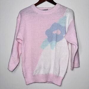 Pastel Pink Knit Sweater O H I Floral 3/4 Sleeve Vintage 90s Cottage Core Size M